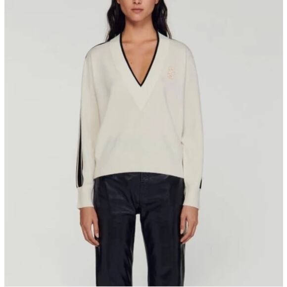 Sandro Sweaters - Sandro Sully ecru wool cashmere V‑neck sweater black stripes size 1 (small)